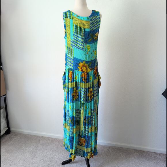 Vintage Maxi Dress Womens Medium Summer Blue Sunflower Garden Cottage Bohemian - Picture 4 of 13